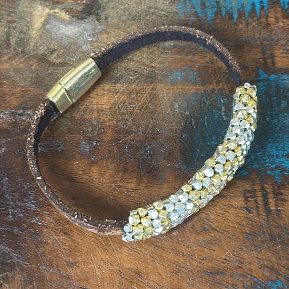 Low Key Luxe 18kt yellow and white gold plated beads on leather band. New!